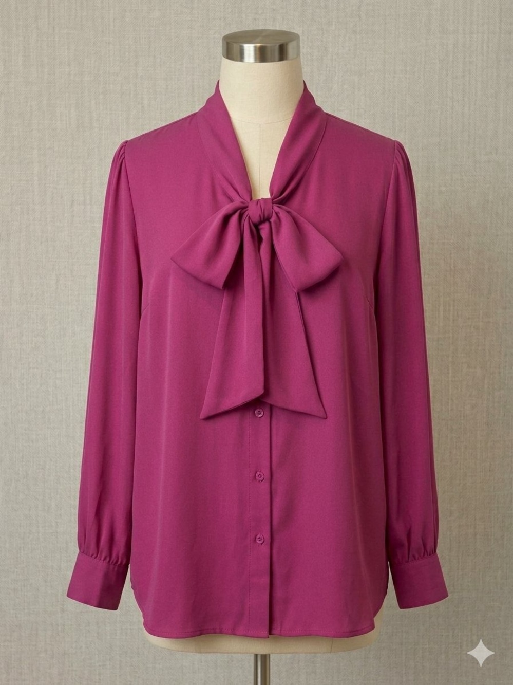 Roaman's Magenta Tie-Neck Button Down Blouse
